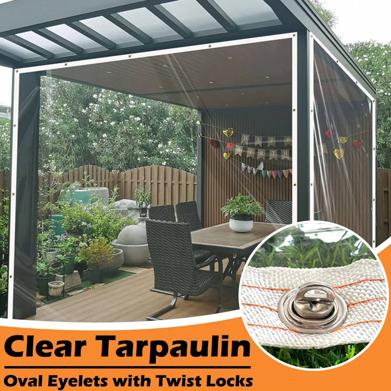 Outdoor Pergola Clear Tarp Curtain with Twist Locks Transparent Tarpaulin Detachable Balcony Windproof Screen Rainproof Cloth