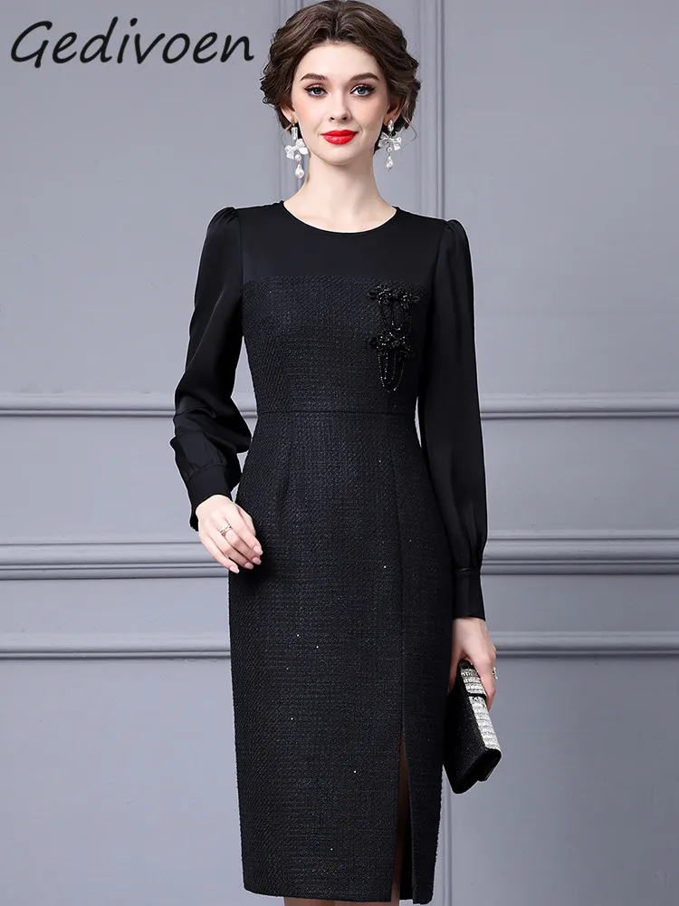 

Gedivoen Autumn Fashion Runway Black Vintage Dress Women Lantern Sleeve Beading High Waist Slim Package Buttocks Slit Long Dress