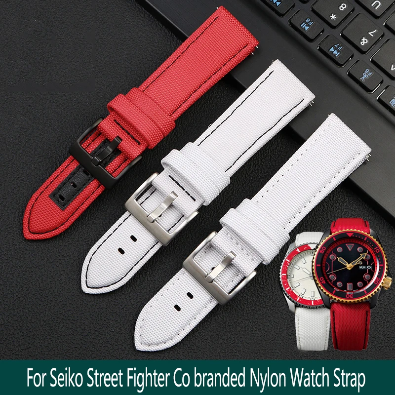 Nylon Leather Watchbands For Seiko No.5 Street Fighter CO Branded SRPF19K1/SRPF20K1 Waterproof Canvas Watch Strap 22mm Bracelet