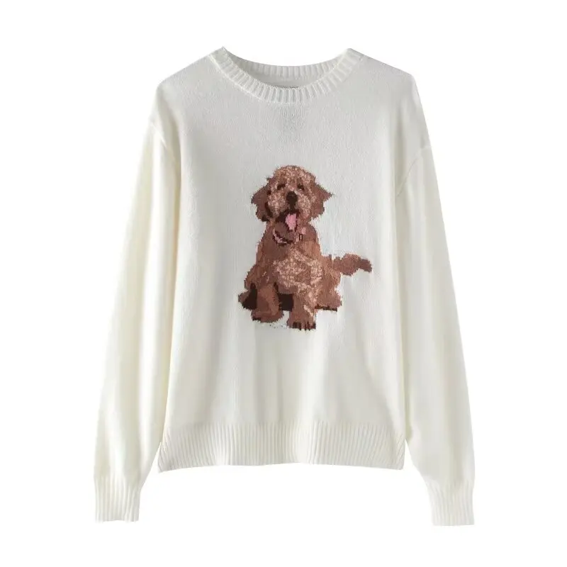 Cute Puppy Sweater Girl 2024 Autumn Casual Pullover Top Crewneck jacquard long-sleeved knit for Female