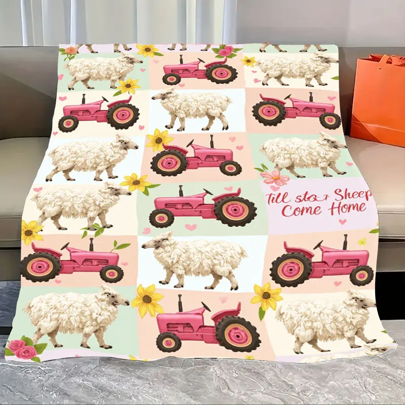 

1pc Flannel Blanket "Farmhouse Pink Tractor & Sheep Blanket - Cozy Rustic Style for Home"