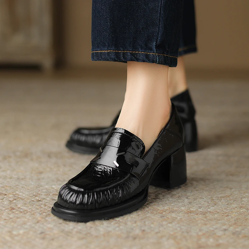 Spring Summer Women Pumps Cozy Work Shoes Slip-On Pleated Sheepskin Vintage Pumps Dress Prom Career Thick Heel 6cm Ladies Shoes