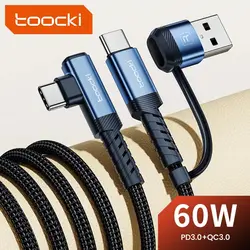 Toocki 2 IN 1 USB Type C Cable 90 Degree Elbow PD 60W Fast Charging Data Cord for Xiaomi Samsung Realme POCO USB C Charger Wire