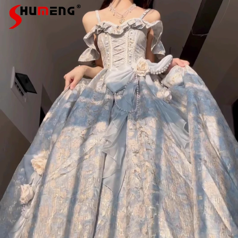 

Blue Lolita Flower Wedding Dress Women's Sweet Big Bow Pearl Slim-Fit Elegant Maxi Dress Sweet Princess Summer Party Dresses