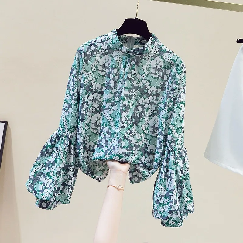 

Chiffon Blouse Long Lantern Sleeve Shirt Fashion Stand Collar Floral Print Blouse Autumn 2023 New Korean Loose Clothes 28508