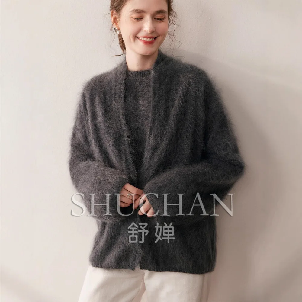 

260g 100% Pure Cashmere Brushed Sweater Cardigan Jacket Women's V-neck Pure Wool Cashmere Jacket Solid