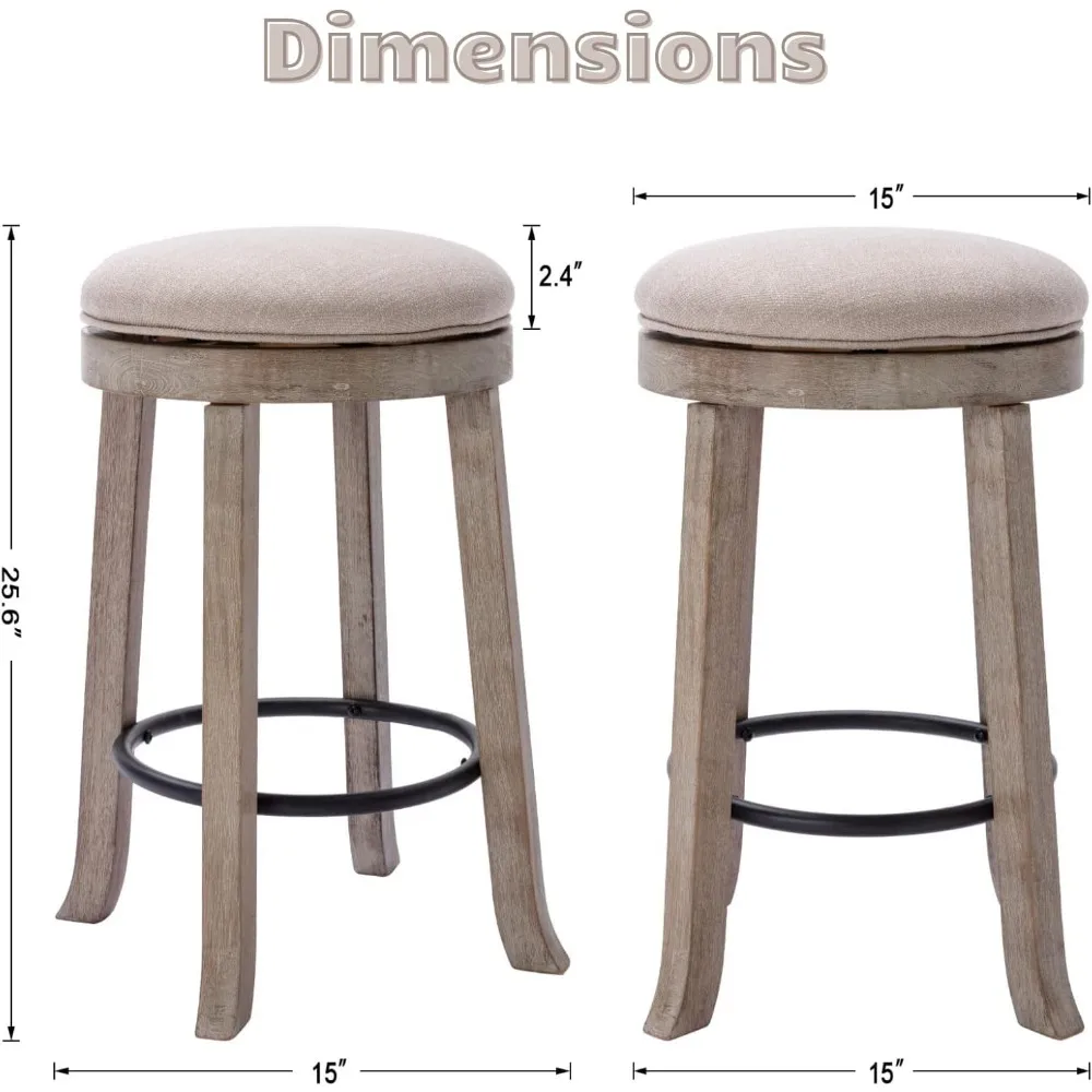 360 °   回転式バースツール 2 個セット、25.6 インチのファームハウスカウンターハイトスツール、無垢材の脚付き、モダンな背もたれのないバースツール