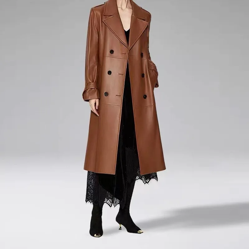 Retro Brown Leather Jacket Women Sheepskin British Style Lapel Double Breasted Belt Loose Long Trench Coat Kurtka Damska Zimowa