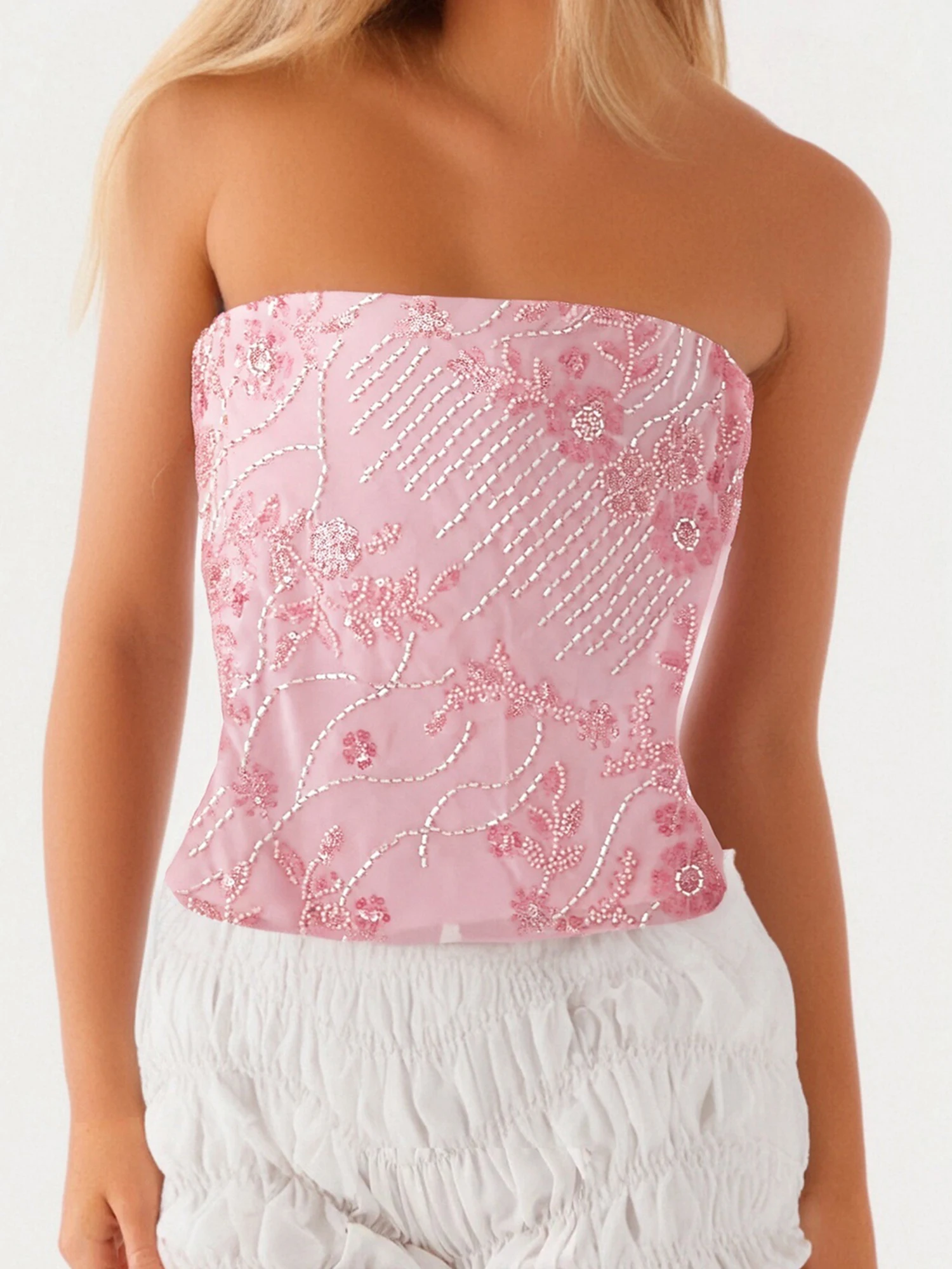 Haut court à paillettes scintillantes pour femmes, épaules dénudées, sans bretelles, sans manches, chemises Bandeau de fête, bustiers floraux pour l'été