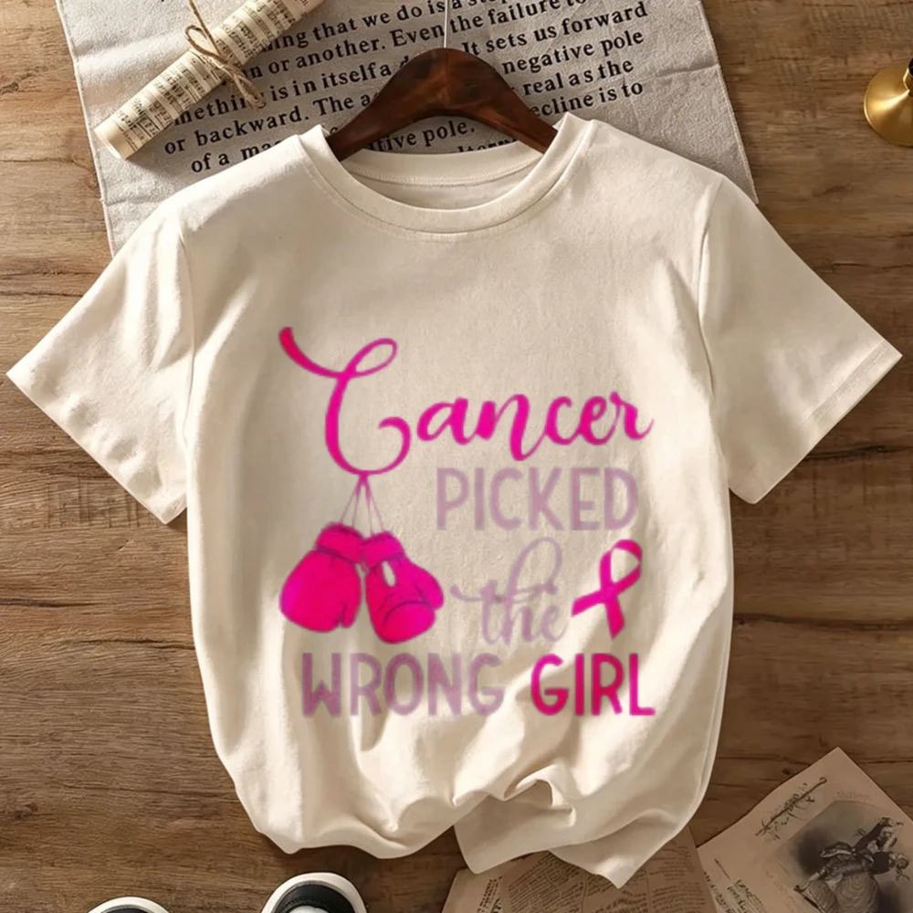 Cancer Picked The Wrong Girl Breast Cancer Awareness T‑Shirt Pink Boxing Gloves Pink Ribbon Warrior Slogan Art Print Cotton Tees