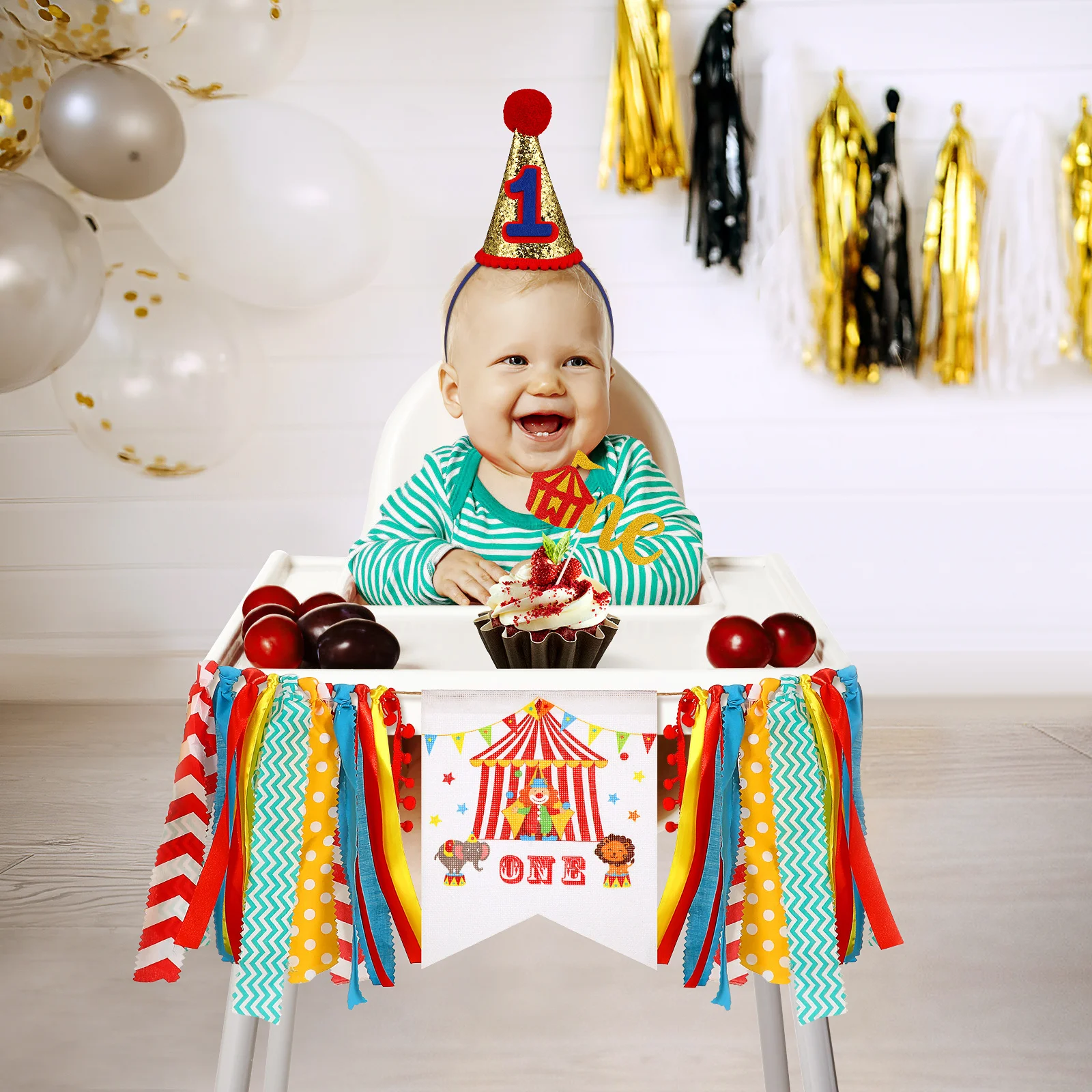 

3Pcs First Birthday Decorations Set Circus Carnival Banner Cake Flag Hat for Baby Boy Girl 1st Birthday Decorations