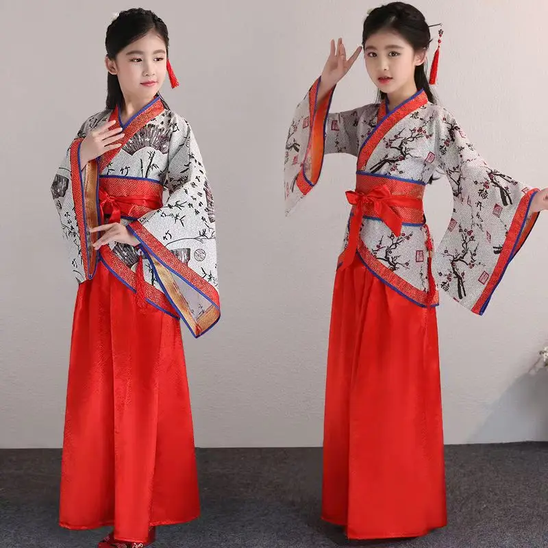 Chinese silk robe Costume Girls Children Kimono China Traditional Vintage Ethnic Fan Students Chorus Dance Costume Hanfu