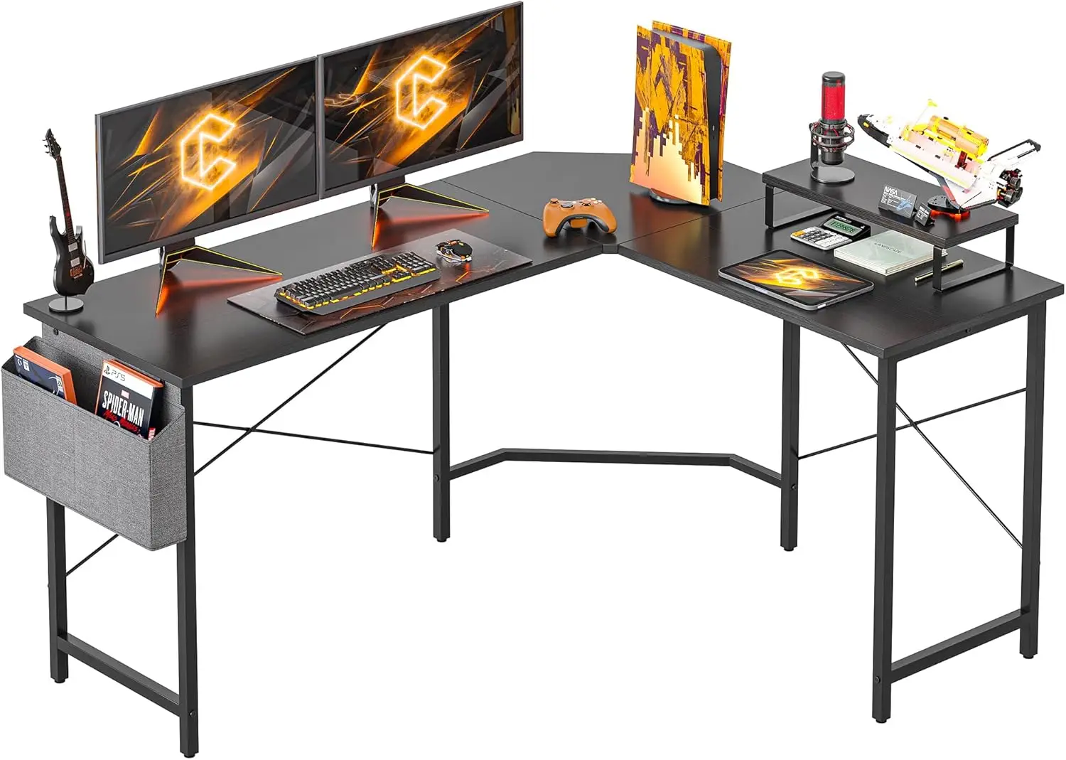 L Shaped Gaming Desk, 59.1 inch Computer Corner Desk with Monitor Shelf for Home Office Study Writing Workstation, Black