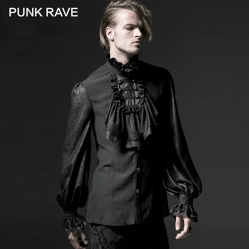 PUNK RAVE Gothic Black White Soft Lace High Stand Collar Stage Chiffon Men Shirt Male Long Sleeve Embossing Blouse Turtle Button