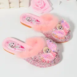 Disney scarpe Casual appartamenti Frozen Princess Elsa Fur pantofole calde con paillettes per ragazze rosa blu muli scarpe taglia 25-35