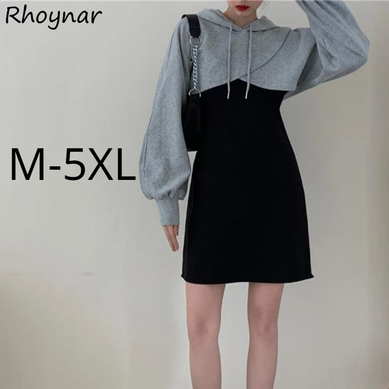 Mini Dress Sets Women Chic Loose A-line Short Hoodies Long Sleeve Streetwear Korean Sweet Female Charming Autumn Winter Baggy