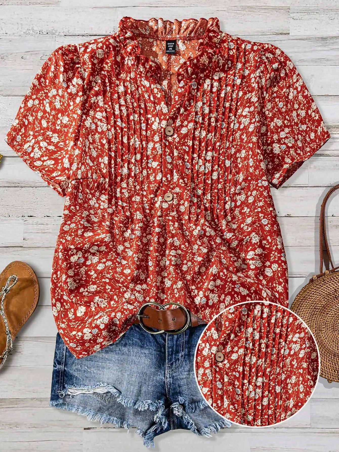 

Plus Size Casual Ditsy Floral Puff Sleeve Blouse Women Summer