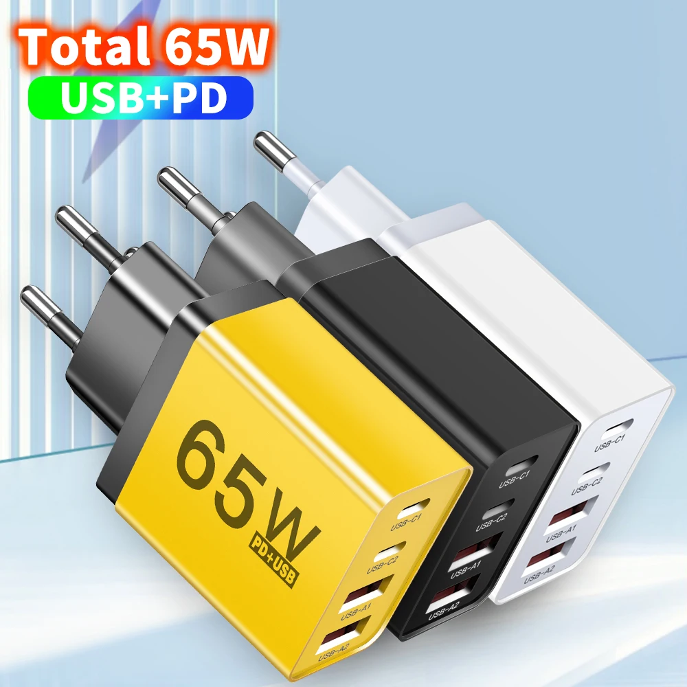 65W USB Type C Charger Fast Charging EU/US/UK Plug Travel Charger For iPhone Samsung Xiaomi 4 Ports Phone Quick Charger Adapter