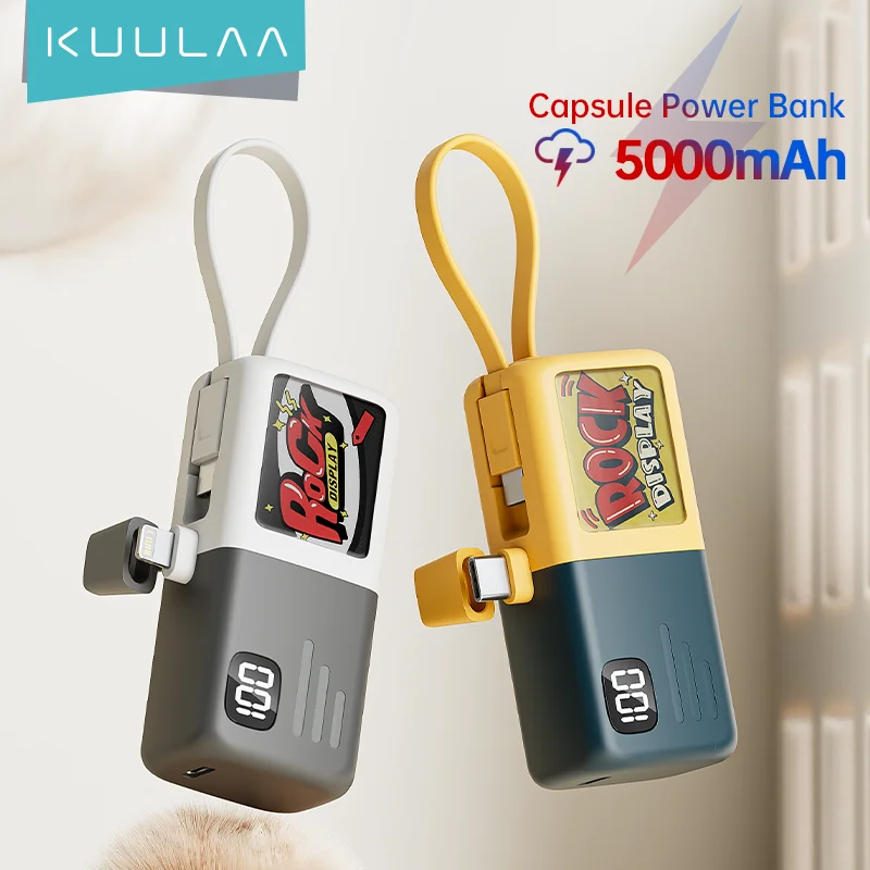 KUULAA Mini Power Bank with Type-C Cable Fast Charging For iPhone 15 14 13 Por Max Portable Charger for Xiaomi Samsung 5000mAh