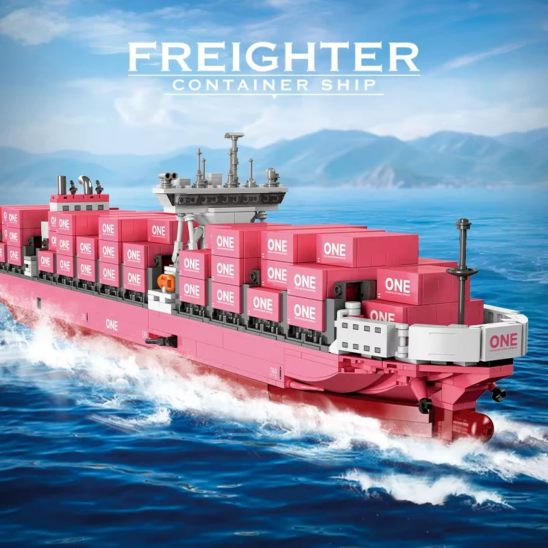 

JJ9217 Freighter Container Ship Building Blocks MOC Technical Large Boat Pink Cargo Ship Bricks Toys for Kids Adults Gifts