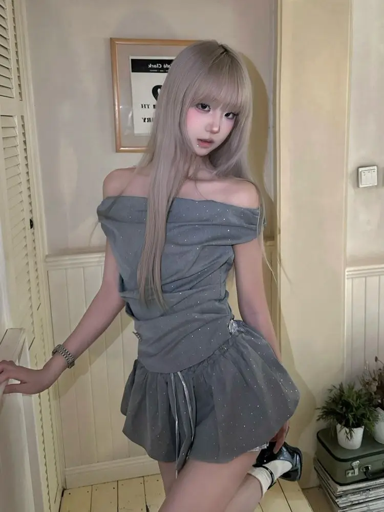 

Two Piece Sets Womens Outifits Summer New Designed Niche Wrinkled Stacked Diamond One-shoulder Top+fluffy Flower Bud Skirt Pants