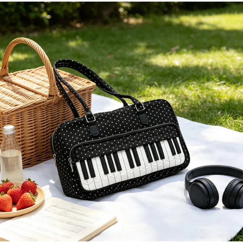  Polka Dot Piano Key Schultertasche, Damen Bowling Nylon Handtasche, Y2k Teenager Mädchen Große Kapazität Pendel- und Reisetasche, Süße Niedliche Tragetasche – Detail 10