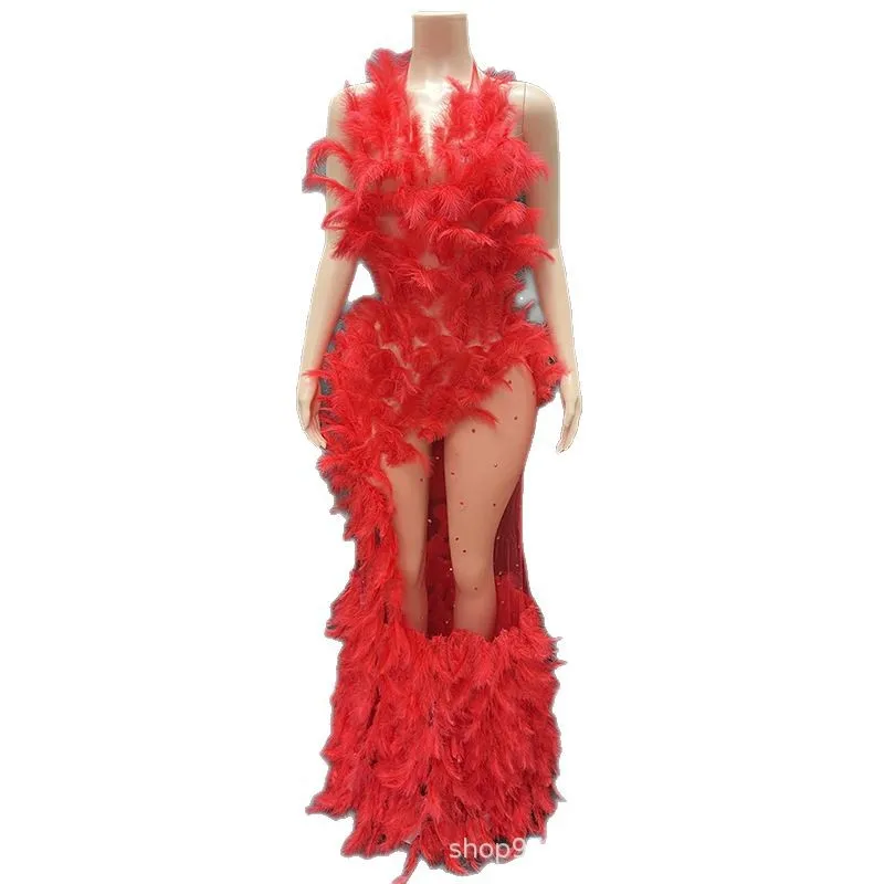 Temperament Rode Veren Sexy Backless Vakantie Jurk Engagement Banket Bruidsjurk Model Catwalk Vestidos De Envaje Roeispanen Mujer