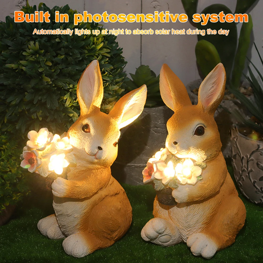 

Rabbit Garden Statue with Solar Powered Flower Light Waterproof Rabbit Sculpture Cute Bunny Ornament for Patio Balcony Yard