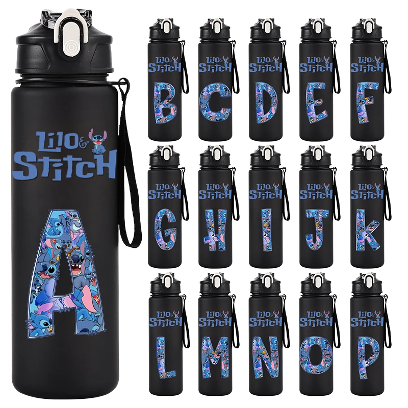 Lilo Stitch Black 750ml Water Bottle Letter A-Z Printed Large Capacity Drinking Cup Portable Outdoor Sport Water Cup Kid Gifts