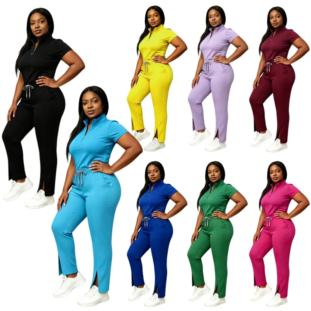 Half Zip Stand Collar Scrub Set Short Sleeve Top Drawstring Split Hem Pants Nurse Uniform Beauty SPA Salon Workwear Solid Color