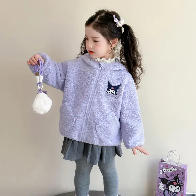 

Kuromi Child Cotton Clothes Velvet Thicken Keep Warm Autumn Winter Cartoon Hooded Kawaii Children's Clothing Hoodies Cardigan