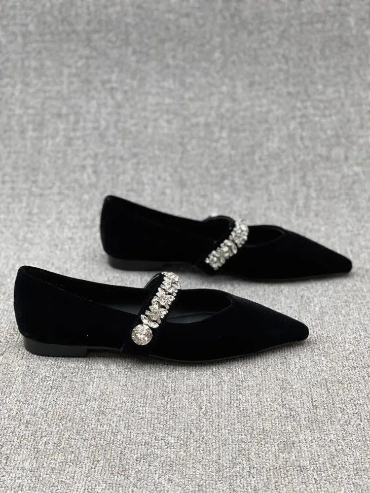 Ozhouzhan-Genuine Leather Shoes for Women, Velvet Pointed Toe, Shallow Mouth, Low Heel, Rhinestone Strap, Mary Jane