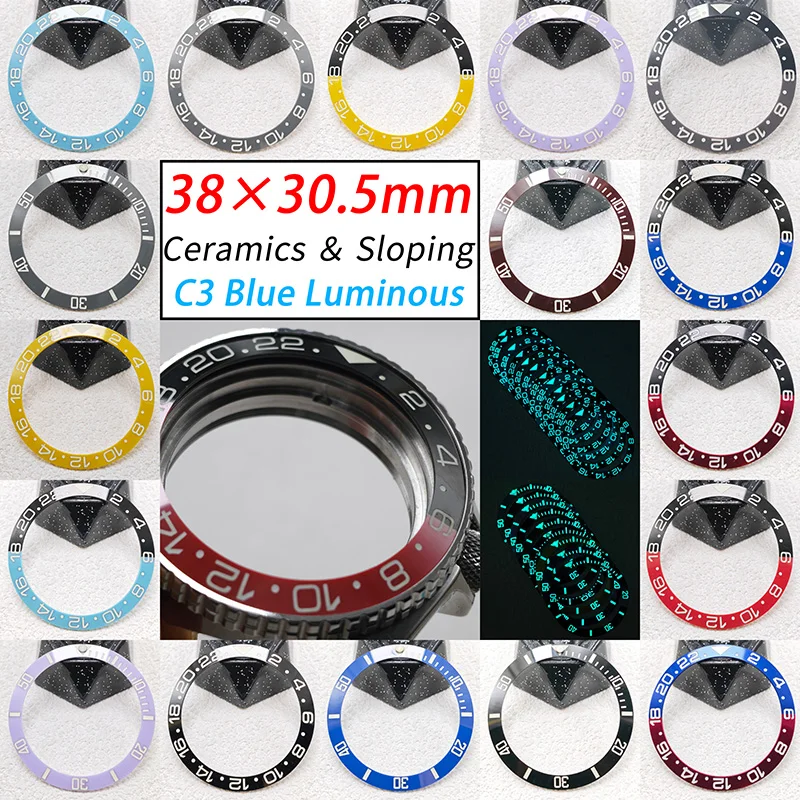 38×30.5mm Ceramic Watch Bezel Insert Ring Sloping C3 Blue Luminous GMT/SUB Bezel Inserts Fits SKX007 SKX009 SRPD 40mm Watch Case