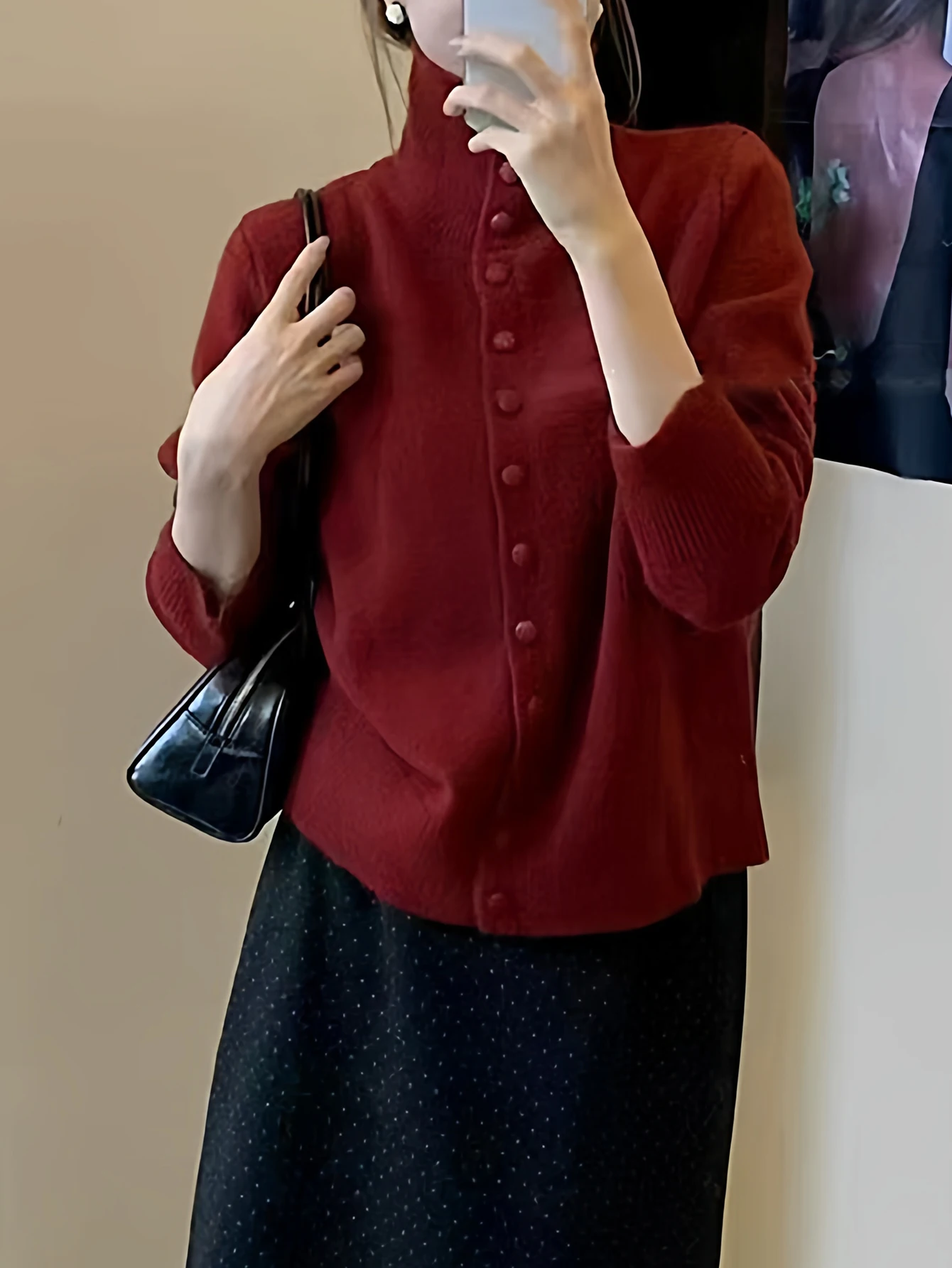 여성용 하이넥 소프트 왁시 니트 가디건 젠틀 스타일 싱글 브레스티드 한국 트렌디 아우터웨어 가을 겨울용