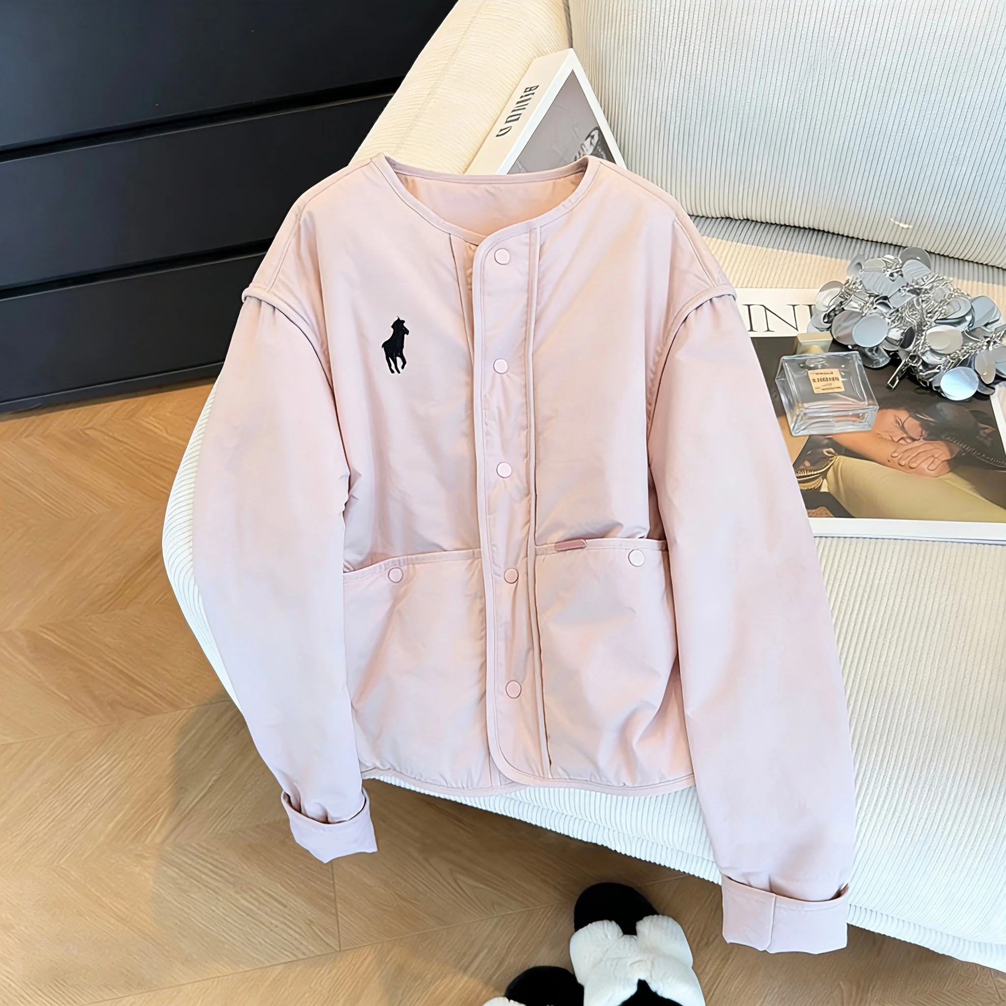 

Korean Sle round Ne Single Button Cotton Jaet Women's Autumn Winter Faion Simple Loose Warm Cotton Coat Pink Color