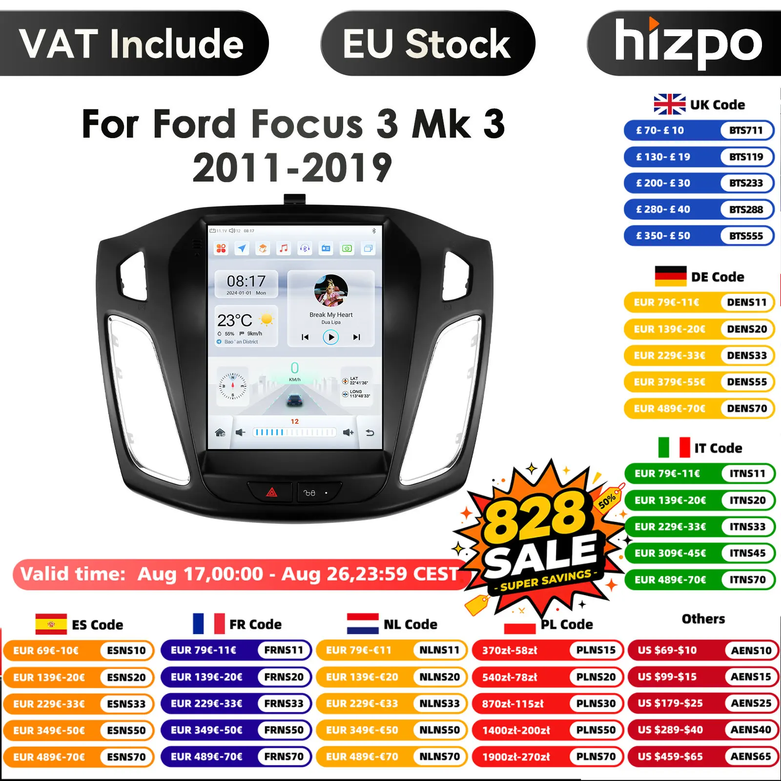 Carplay 4G 9,7'' 2Din Autoradio Android für Ford Focus 3 MK3 2011-2019 Stereo Multimedia Video Player GPS Navigation