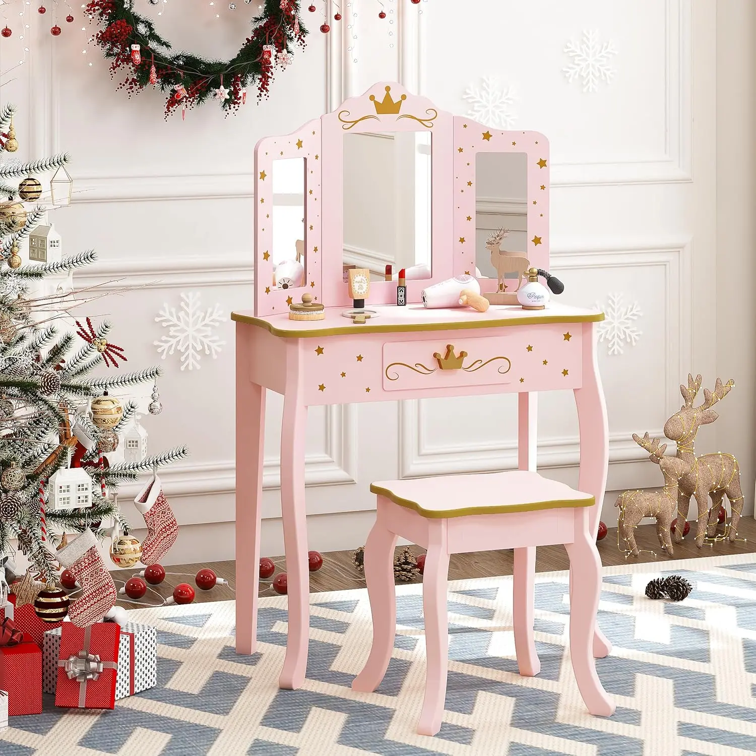 

Kids Vanity Set with Mirror and Stool, Pink Makeup Desk for Little Girls, Dressing Table with Drawer