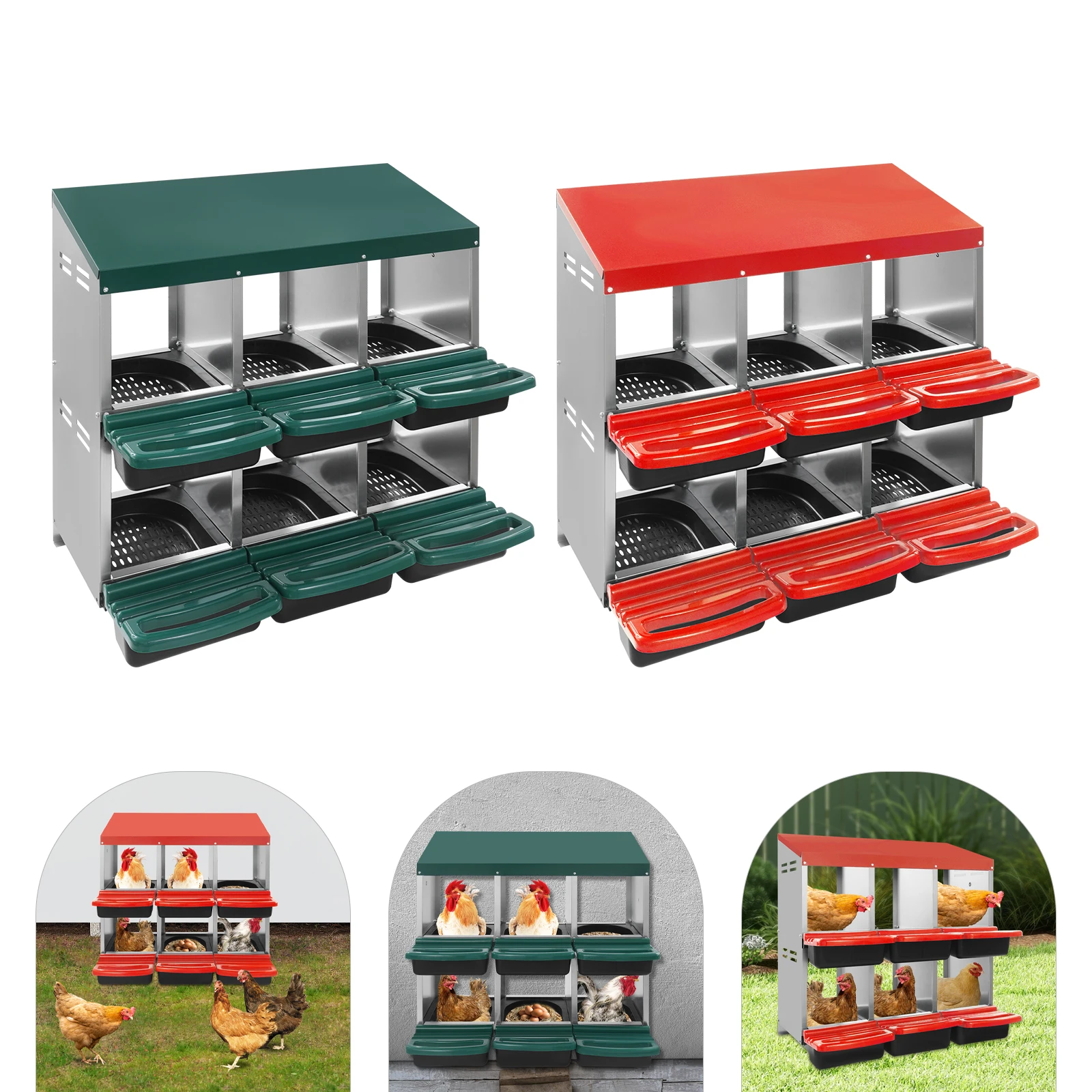 صندوق تعشيش الدجاج، صندوق وضع بيض الدجاج والبط مع فتحات تصريف، 6 مقصورات منفصلة، صندوق معدني ثابت