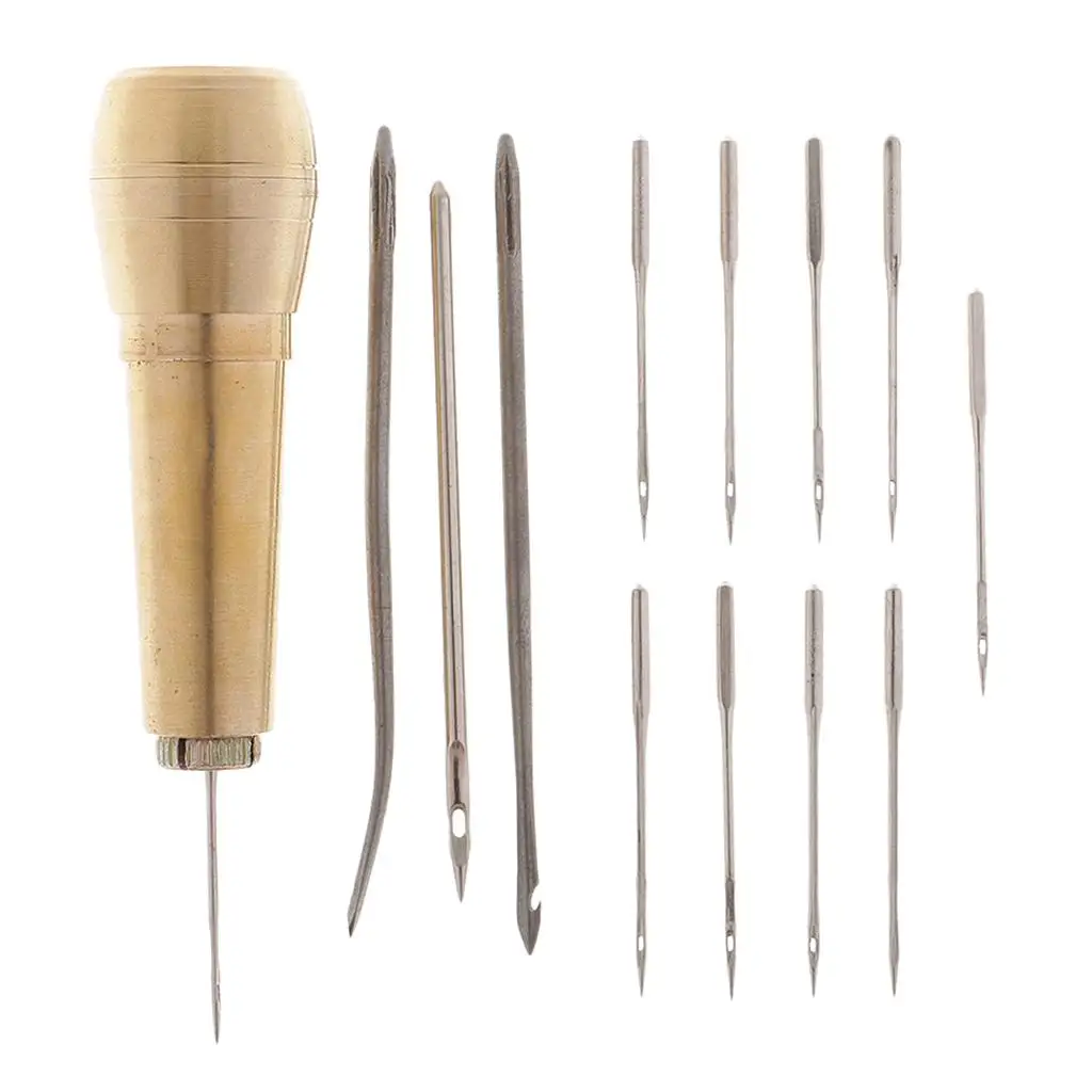 Copper Handle 13 Needles Sewing Awl Hand Stitcher Shoe Repair Tool Kit for DIY Sewing Canvas Leather Repairing