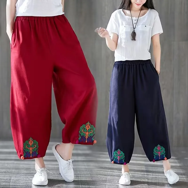 

2023 Spring Summer Cotton Linen Pants Women Casual Ankle-length Pant Vintage Embroidery Lace-up Waist Loose Trousers Harem Pants