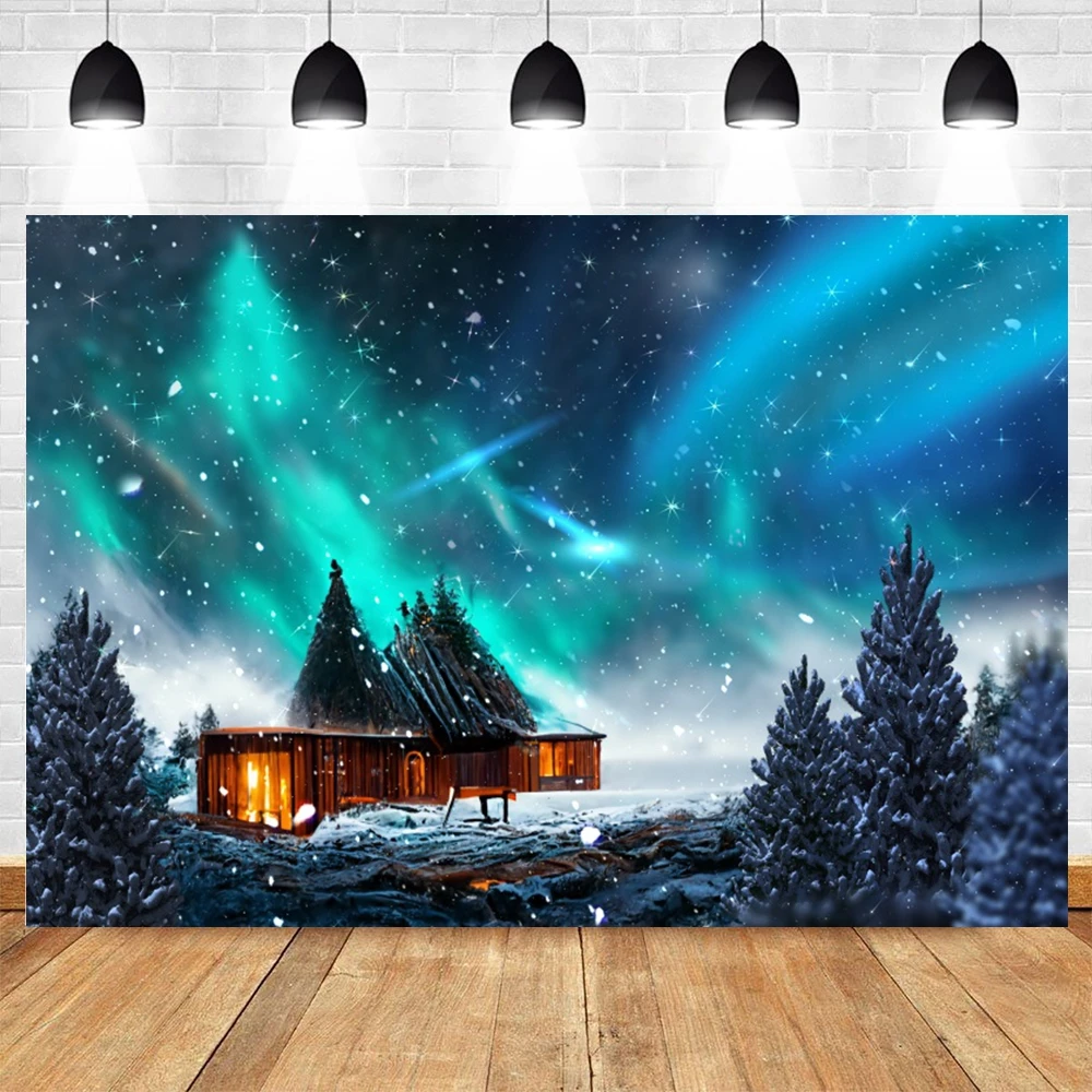 Winter Night Snowflake Aurora Photography Background Starry Sky Moon Tree Pine Forest Background Christmas Merry New Year Party