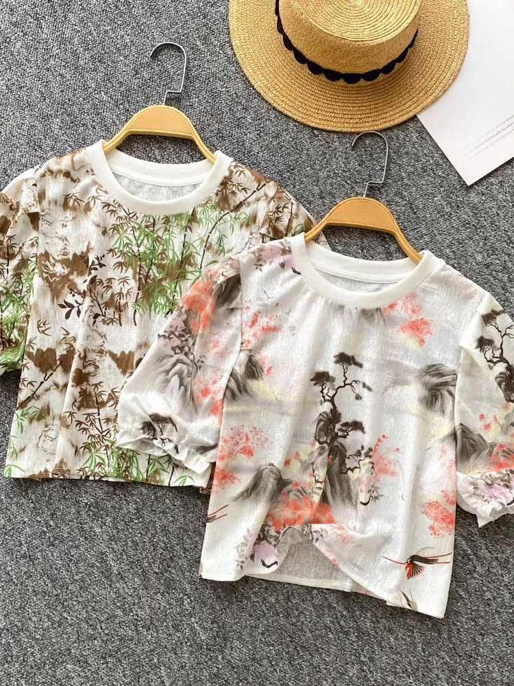 

Fashion Vintage Shirts O Neck Puff Sleeve Print Design Casual Loose Blouses 2025 Summer New Crop Tops All Match Women's Clothing
