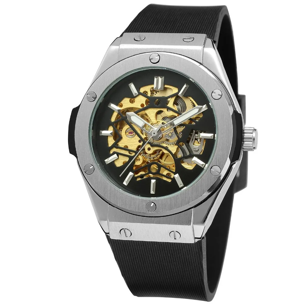 

Men Skeleton Automatic Mechanical Watch Stainless Steel Octagon Case Rubber Strap Waterproof Sport Wristwatch Hollow Dial