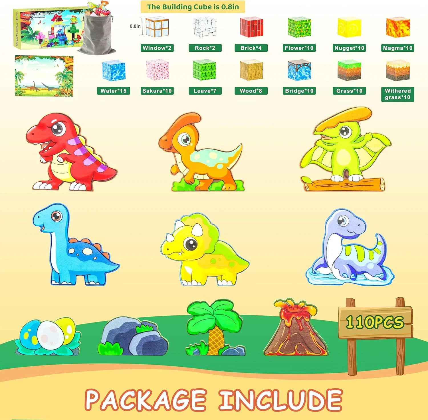 Conjunto de telhas magnéticas do parque de dinossauros-brinquedos de aprendizagem de haste para crianças, blocos de construção montessori brinquedo educacional de montagem diy