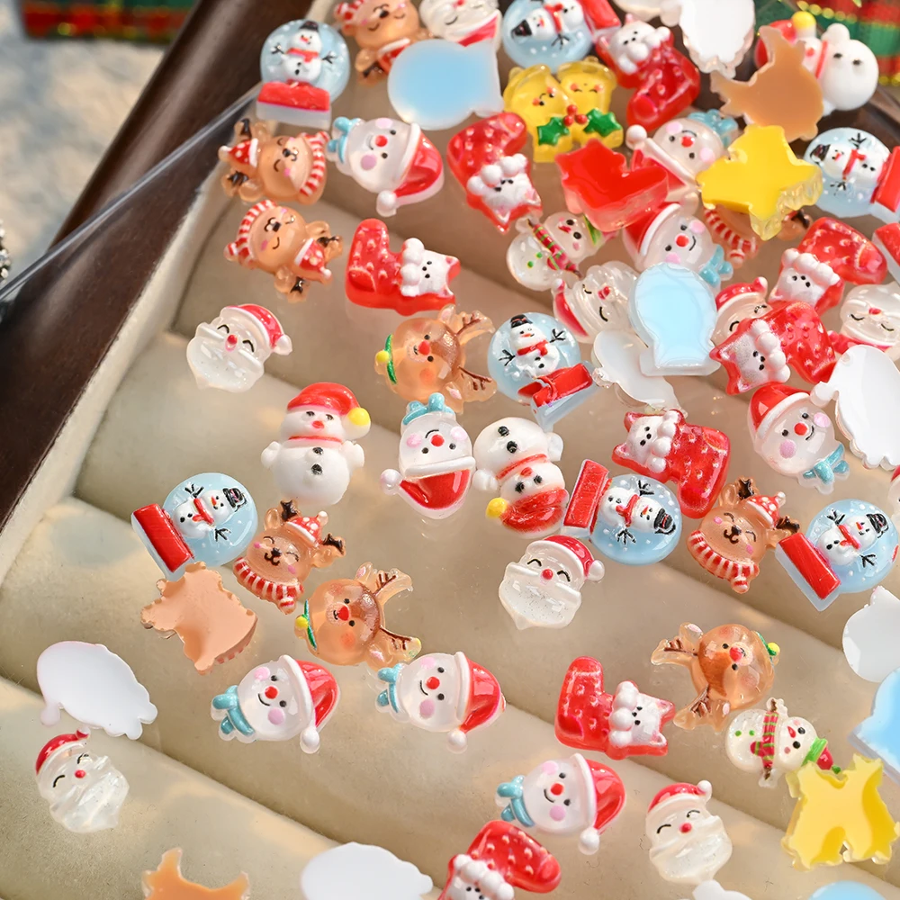 50Pcs 3D Christmas Snowman Elk Nail Charms Cartoon Xmas Bell Sock Resin Nail Art Decoration For DIY Crafts Hair Jewelry Kid Gift