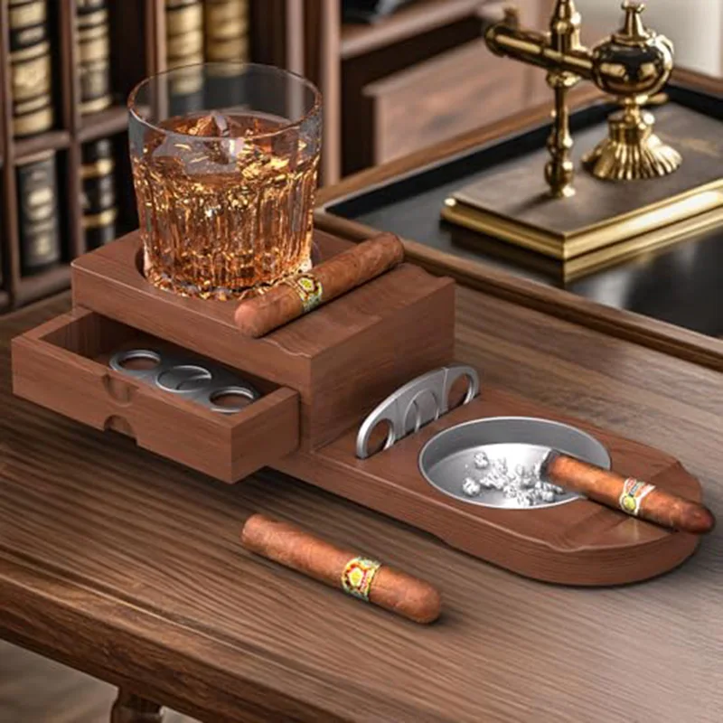 

Solid Wood Cigar Ashtray with Cutter & Drawer Whiskey Glass Holder Multifunctional Tobacco Accessory for Home Bar