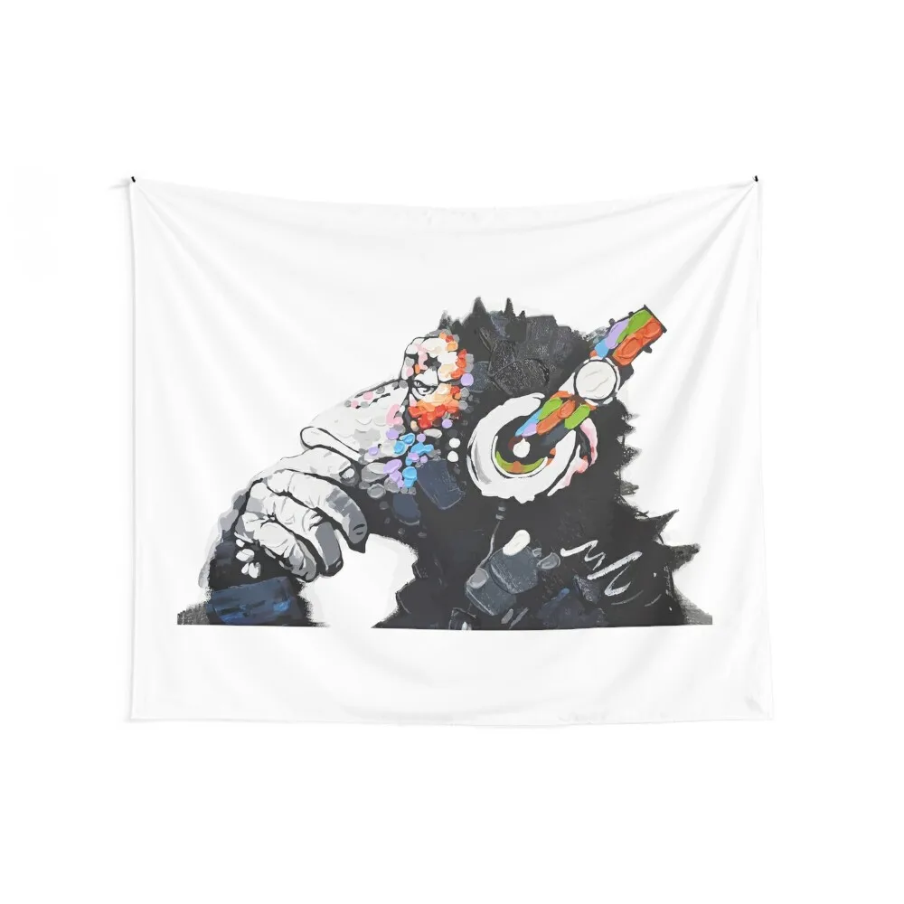 Banksy DJ Monkey Thinker with Headphones White Tapestry Wallpaper Decorative Wall Murals Decoration Room Custom Tapestry