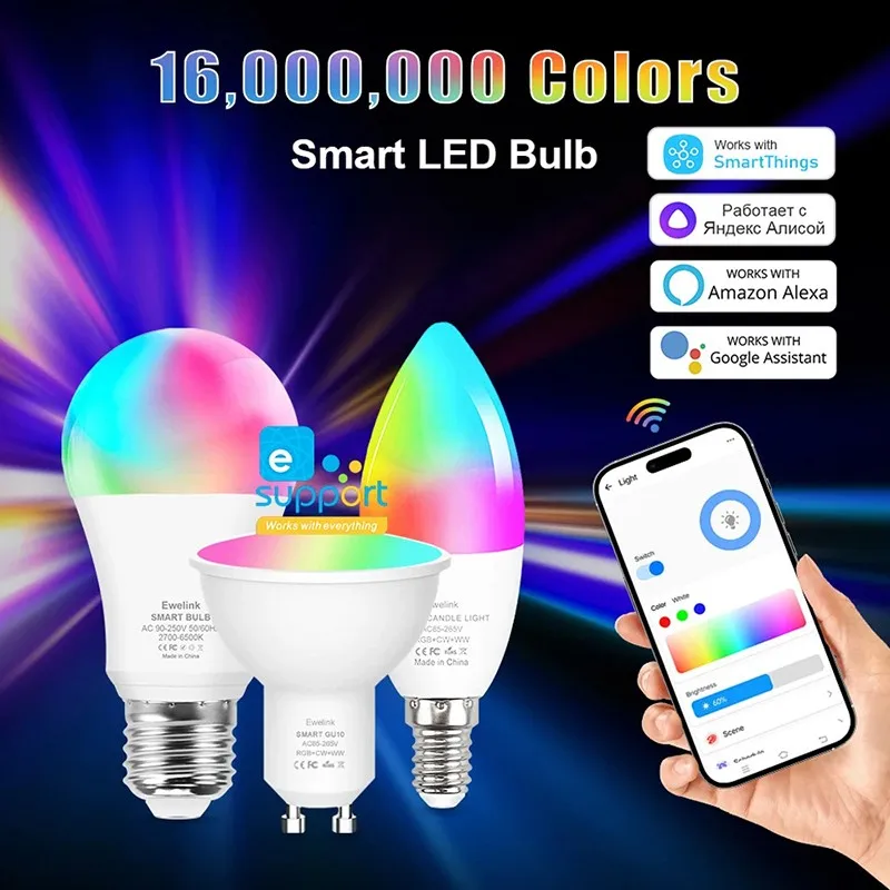 ZAOXI eWeLink Zigbee WIFI 스마트 전구, 가정용 조명, RGB LED 조명 지지대, 알렉사 구글 음성 어시스턴트 제어, E27, E14, GU10