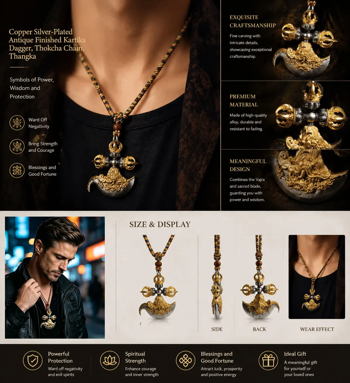 Pendant Copper Silver Plated Antique Finished Kartika Thokcha Chain Thangka Jianggong Cold Iron Shoulder Guard Gaauwu necklace