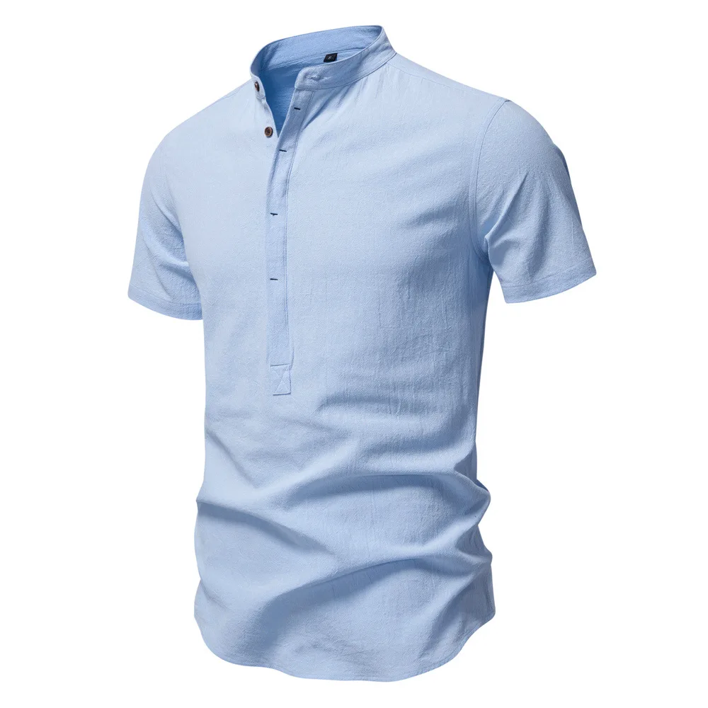 

2026 Summer New Fashion Men's Casual Business Shirts Stand Collar Solid Color Trendy Cotton Linen Shirts Male Clothes Tops